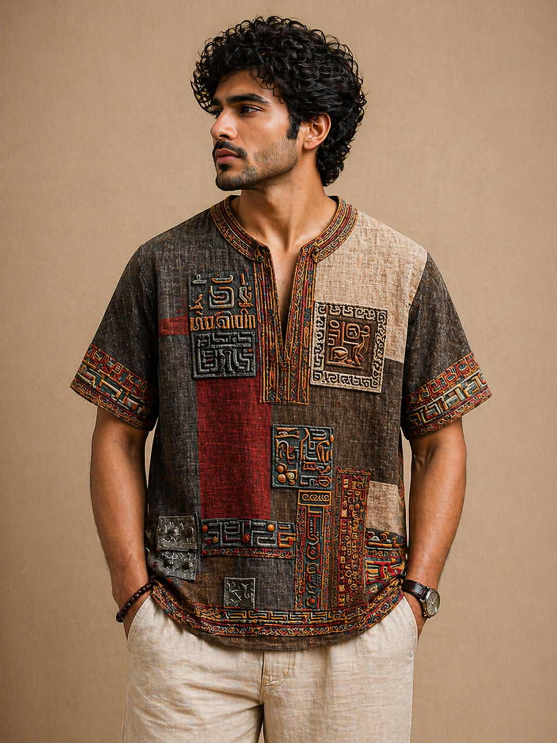 Tribal Patchwork Egyptian kurta Art Shirt