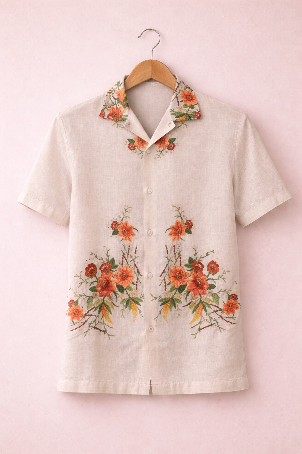 Beige Floral Embroidered Shirt