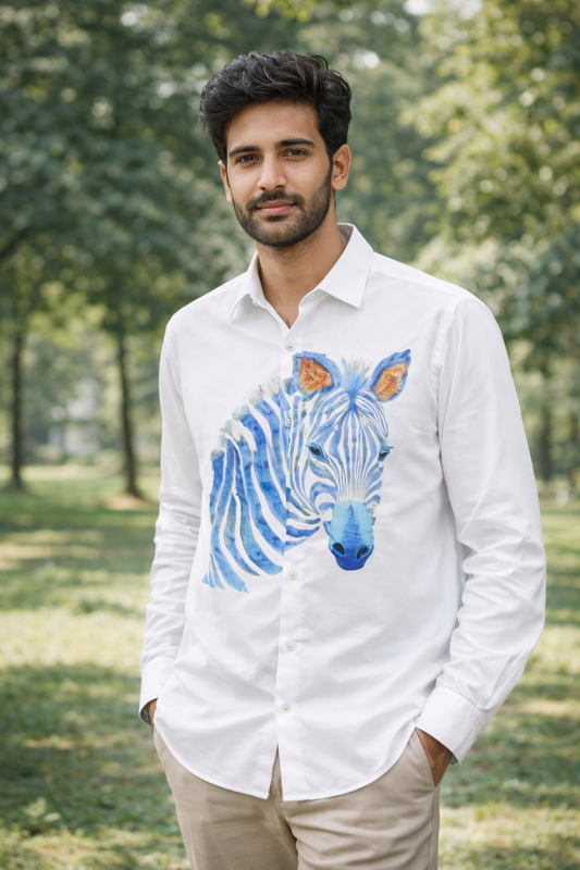 Blue Zebra Artistic Print Premium White Shirt