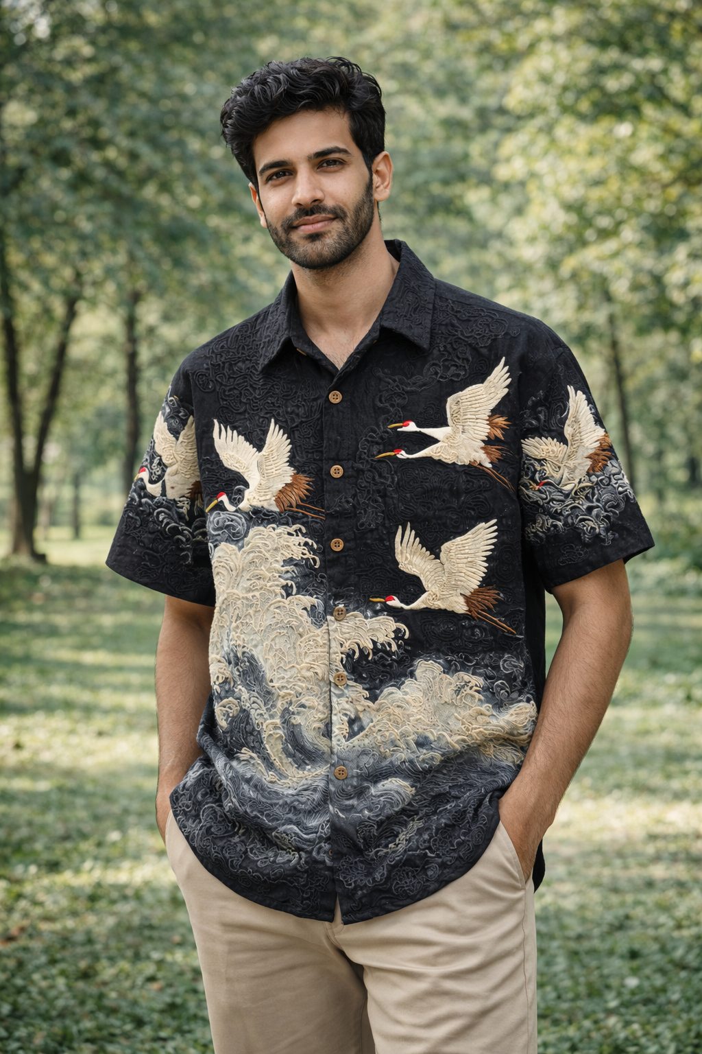 Japanese Crane Waves Embroidered Black Shirt
