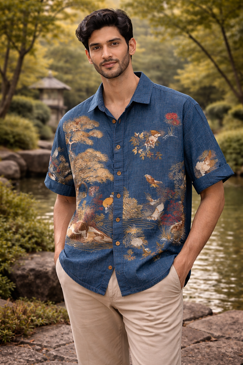 Vintage Nature Landscape Art Blue Denim Shirt