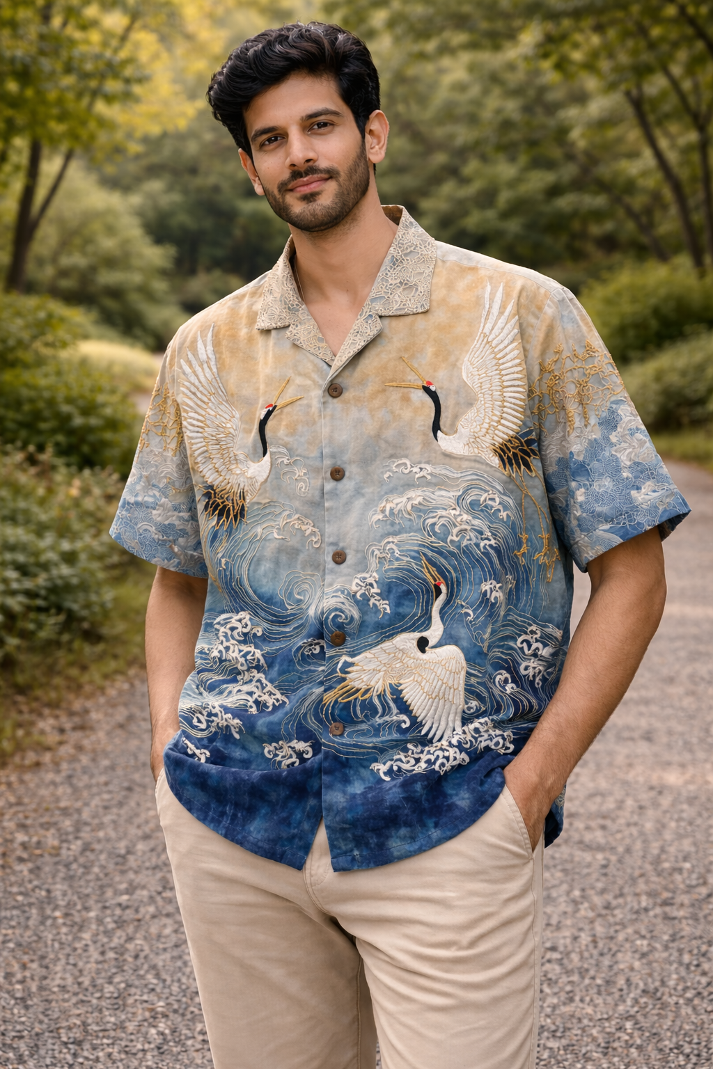 Japanese Crane Ocean Wave Artistic Blue Shirt
