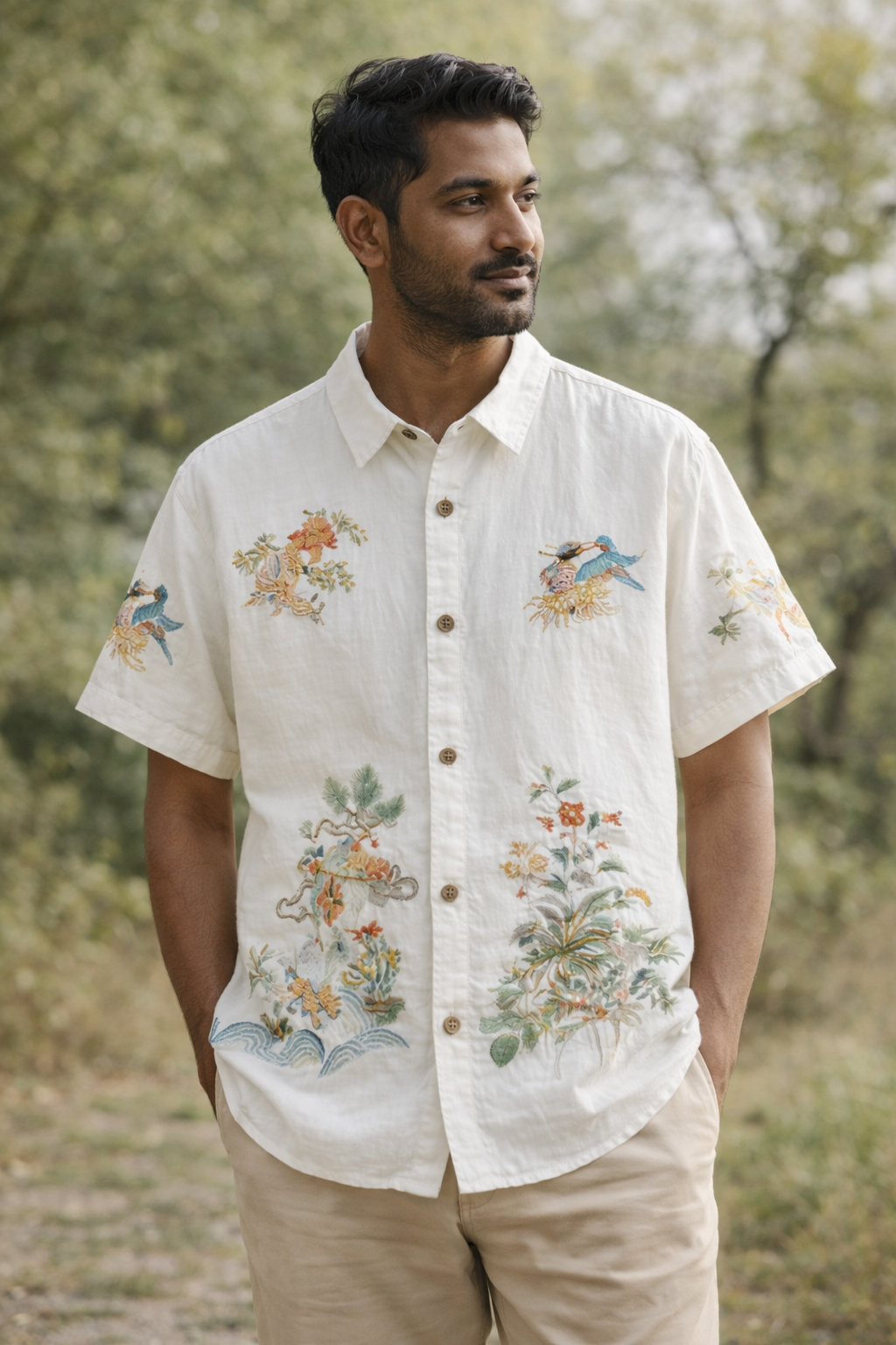 Minimal Nature Bird Embroidery White Shirt
