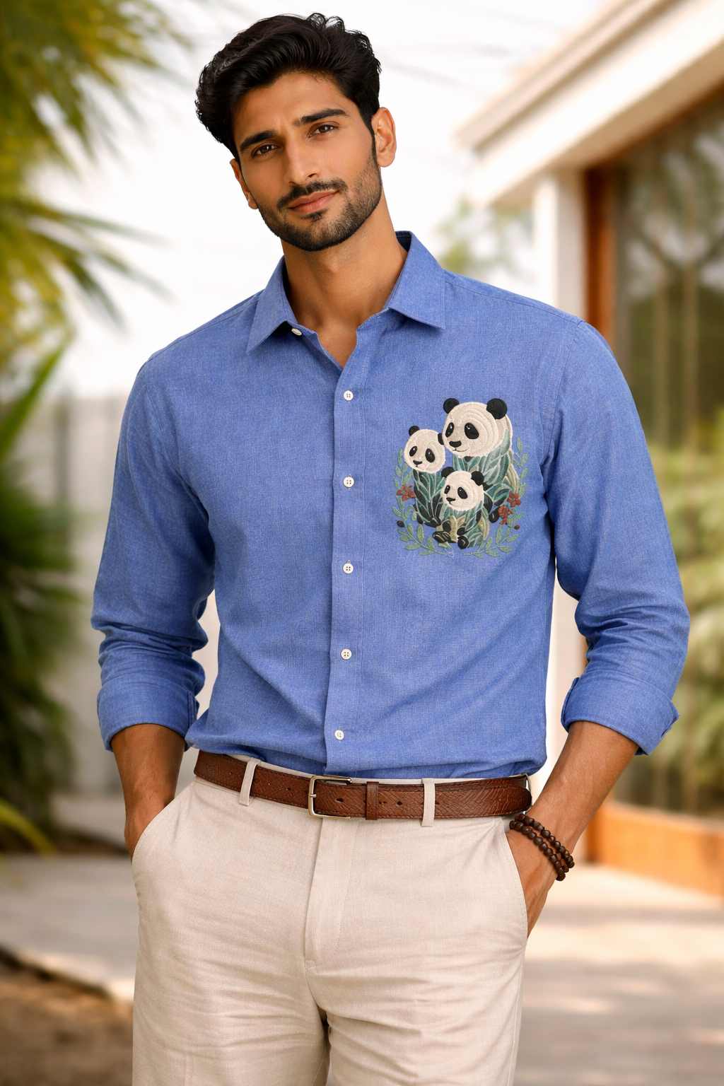 Panda Family Embroidered Blue Shirt