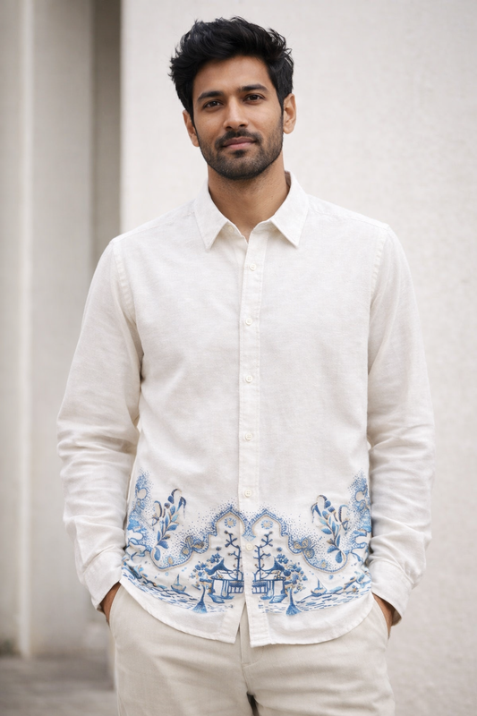 Blue Porcelain Art Linen Shirt