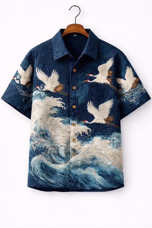 Ocean Crane Embroidered Shirt