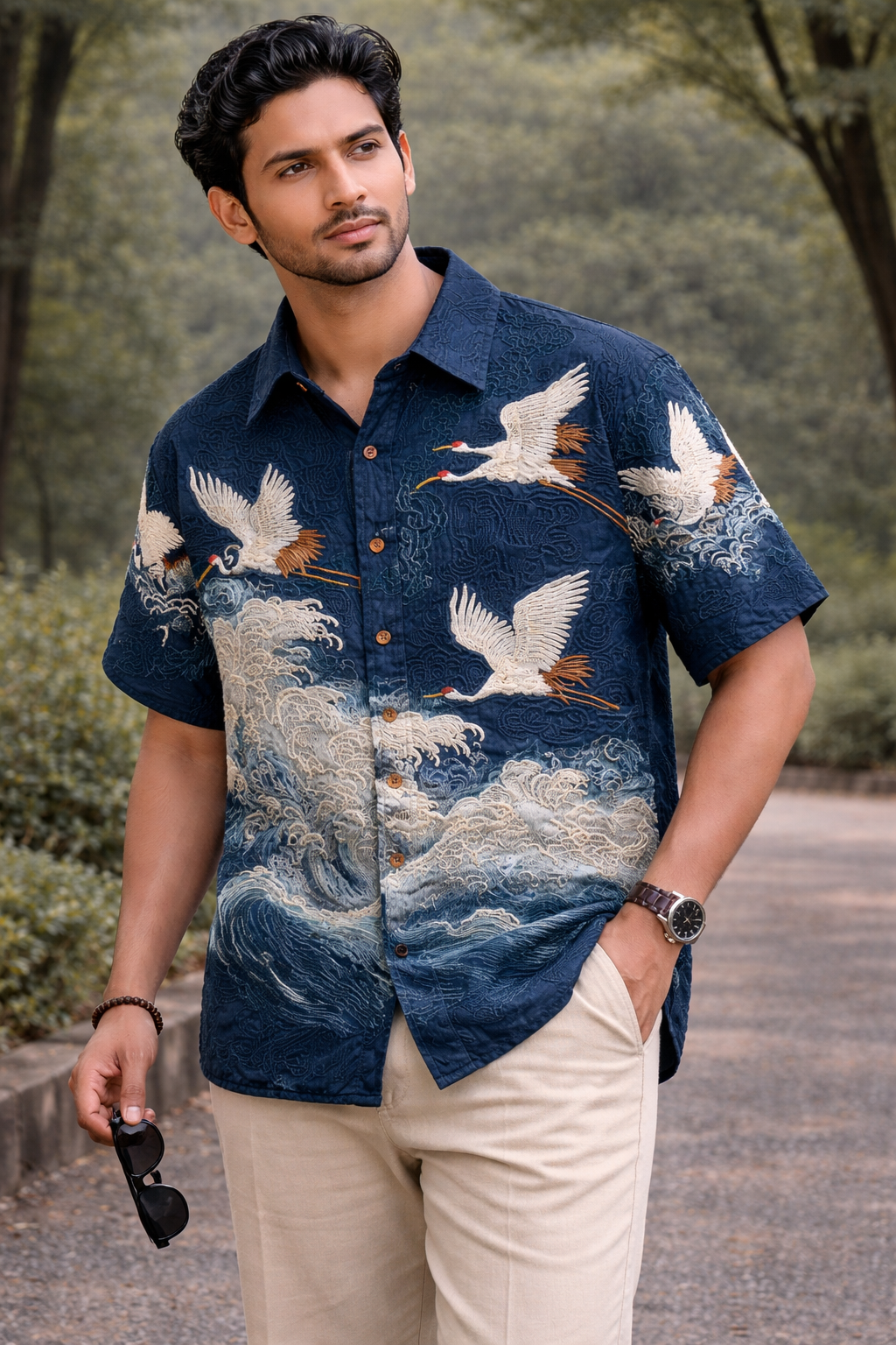 Ocean Crane Embroidered Shirt