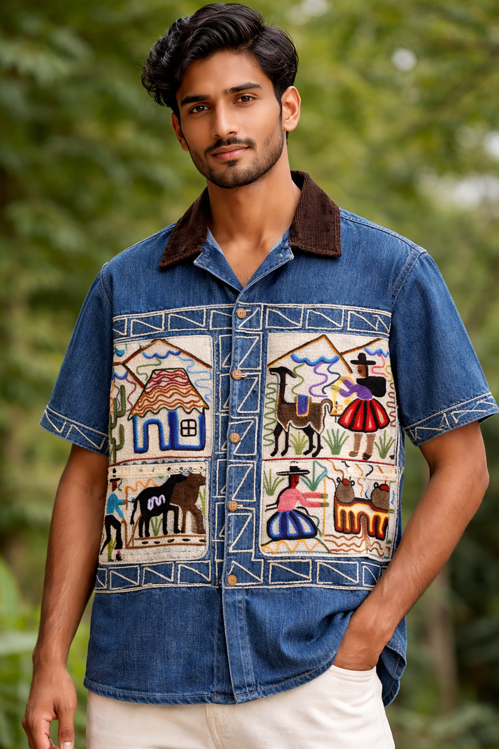 Folk Art Embroidered Denim Half Sleeve Shirt
