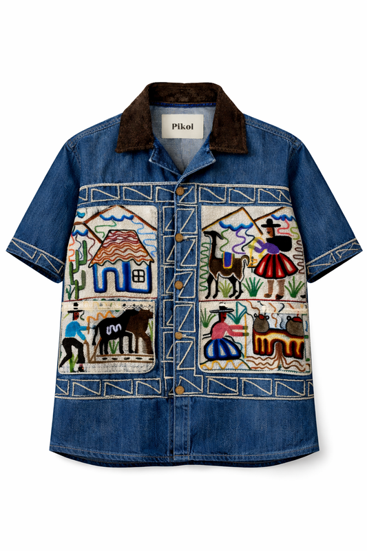 Folk Art Embroidered Denim Half Sleeve Shirt