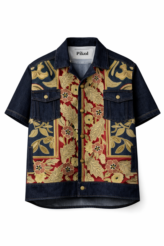 Handcrafted Art Graphic Half Sleeve Denim Shirt