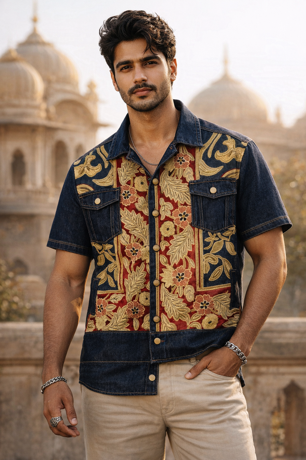 Handcrafted Art Graphic Half Sleeve Denim Shirt