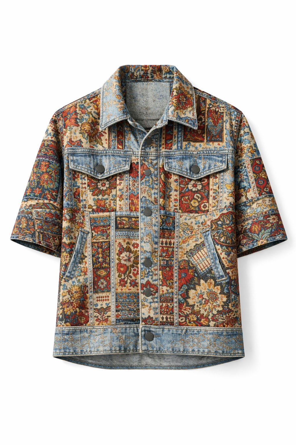 Floral Embroidered Denim Half Sleeve Shirt – Light Blue