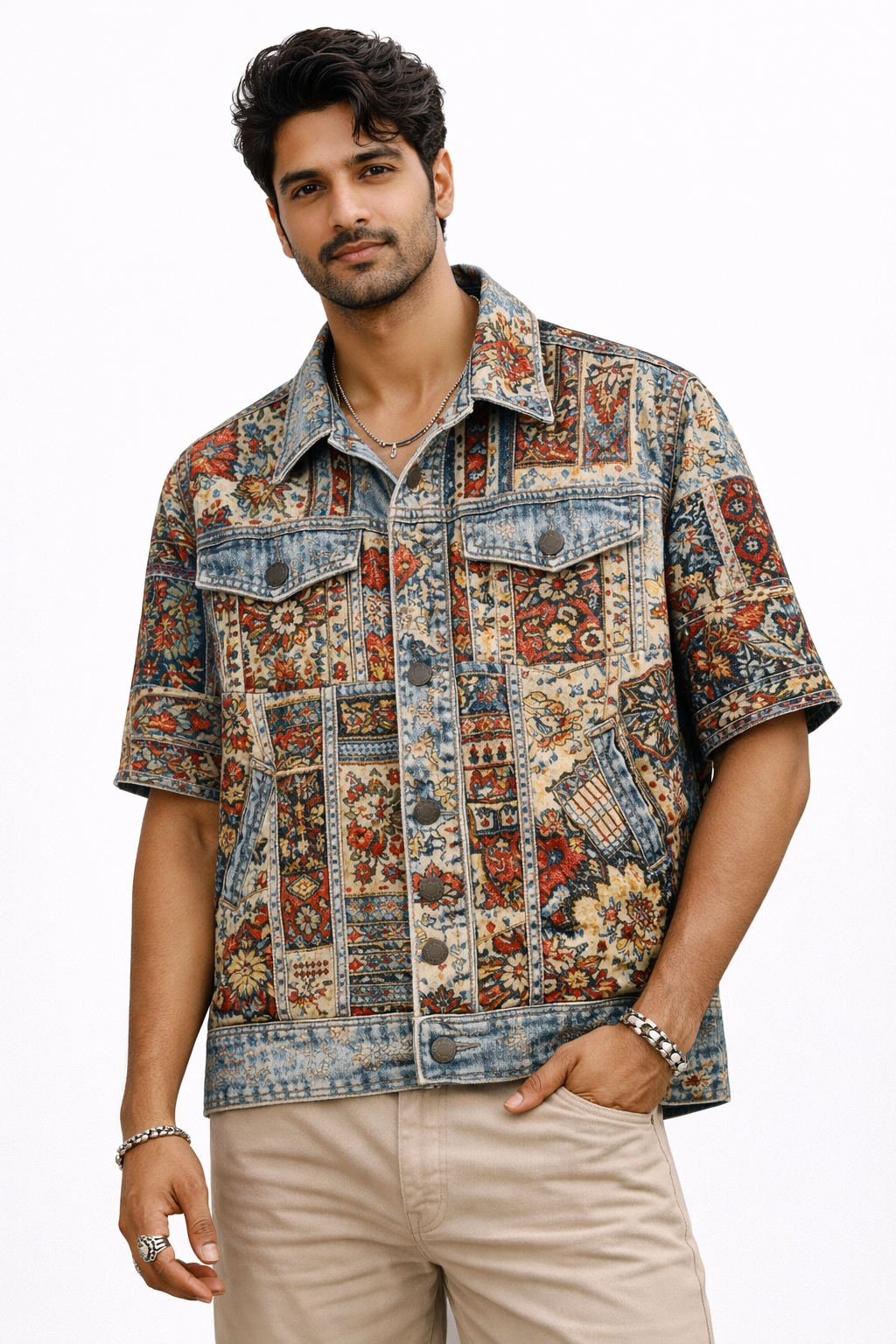 Floral Embroidered Denim Half Sleeve Shirt – Light Blue