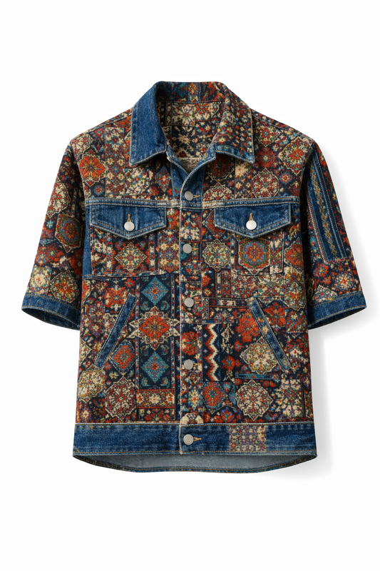 Boho Patchwork Denim Half Sleeve Shirt – Blue Fusion