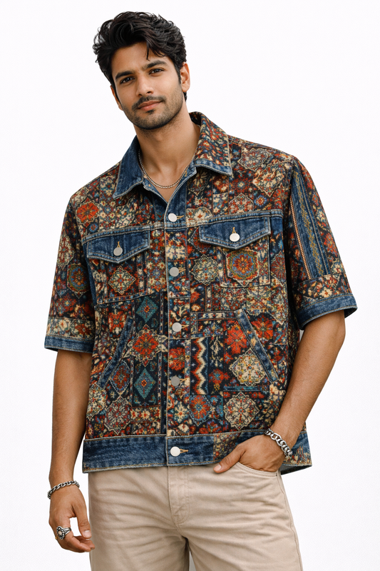 Boho Patchwork Denim Half Sleeve Shirt – Blue Fusion