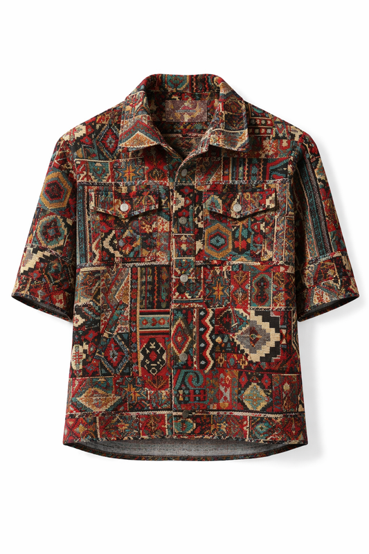 Vintage Patchwork Printed Half Sleeve Shirt – Red Edition
