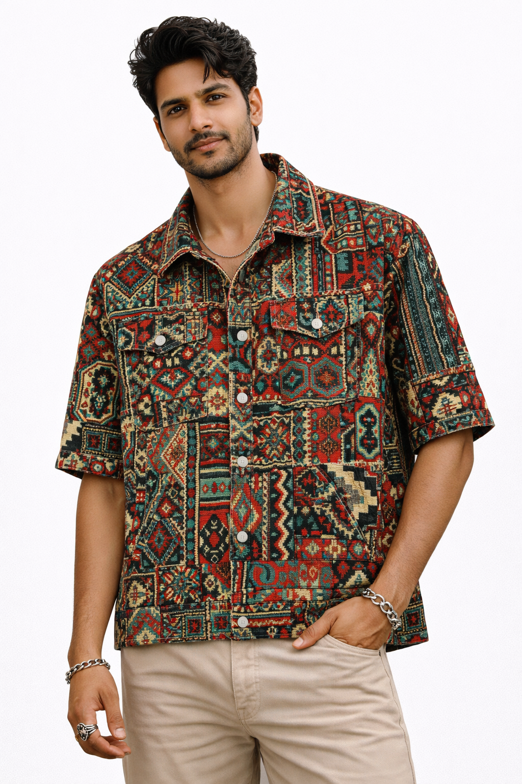 Vintage Patchwork Printed Half Sleeve Shirt – Red Edition