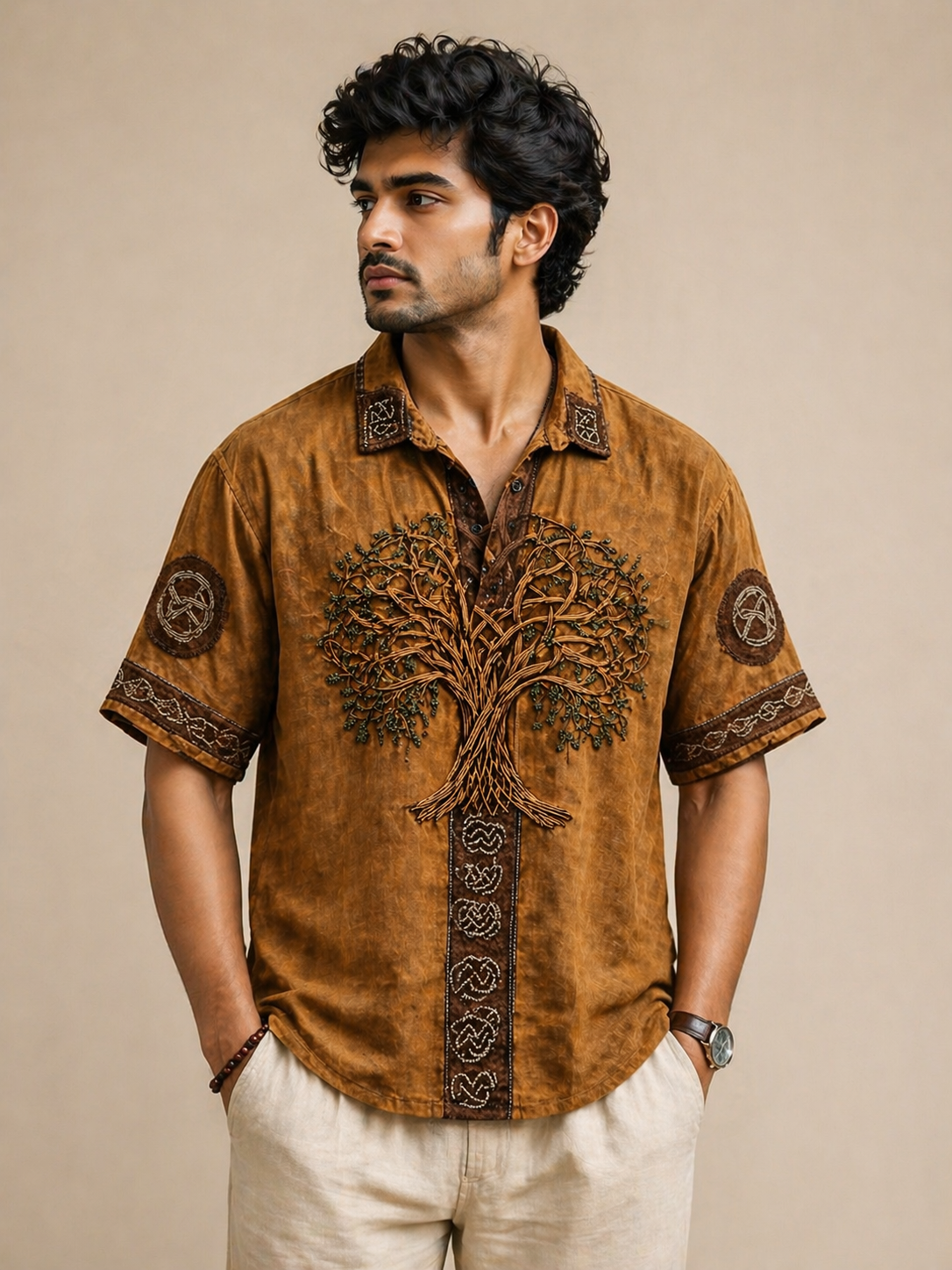 Vintage Tree Embroidered Brown kurta Shirt