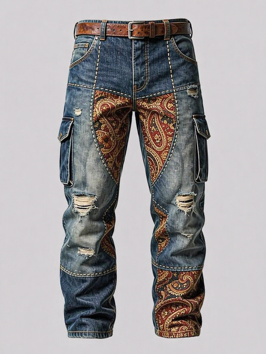 Paisley Patchwork Cargo Denim Pants