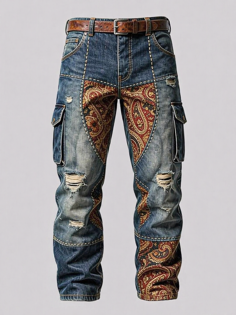 Paisley Patchwork Cargo Denim Pants – Outfit Hub