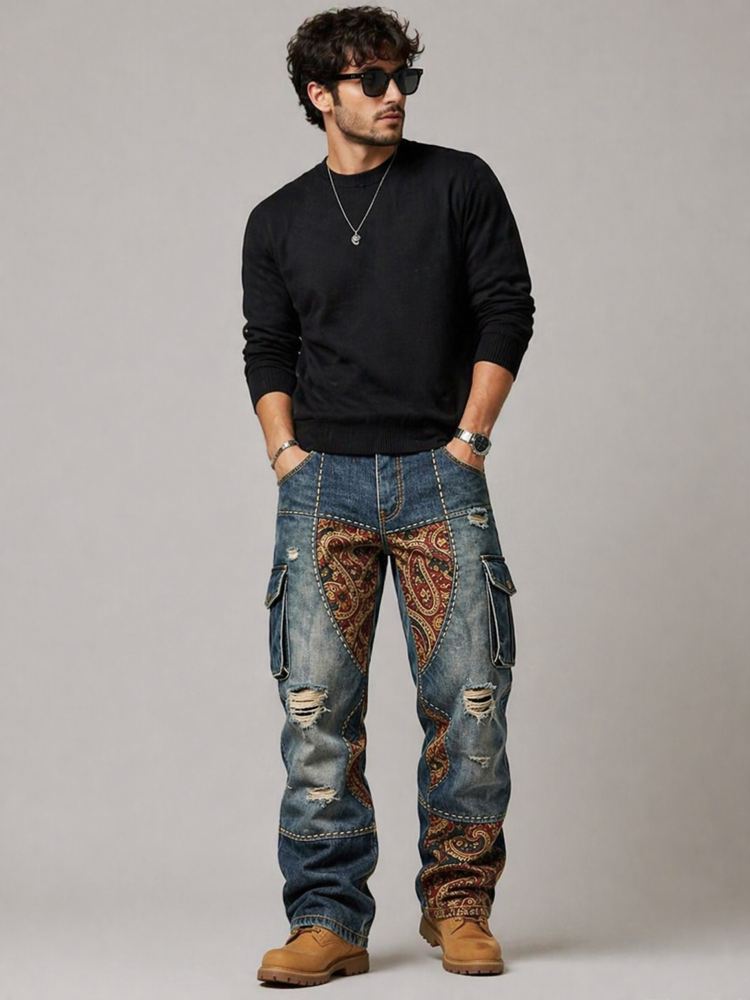 Paisley Patchwork Cargo Denim Pants