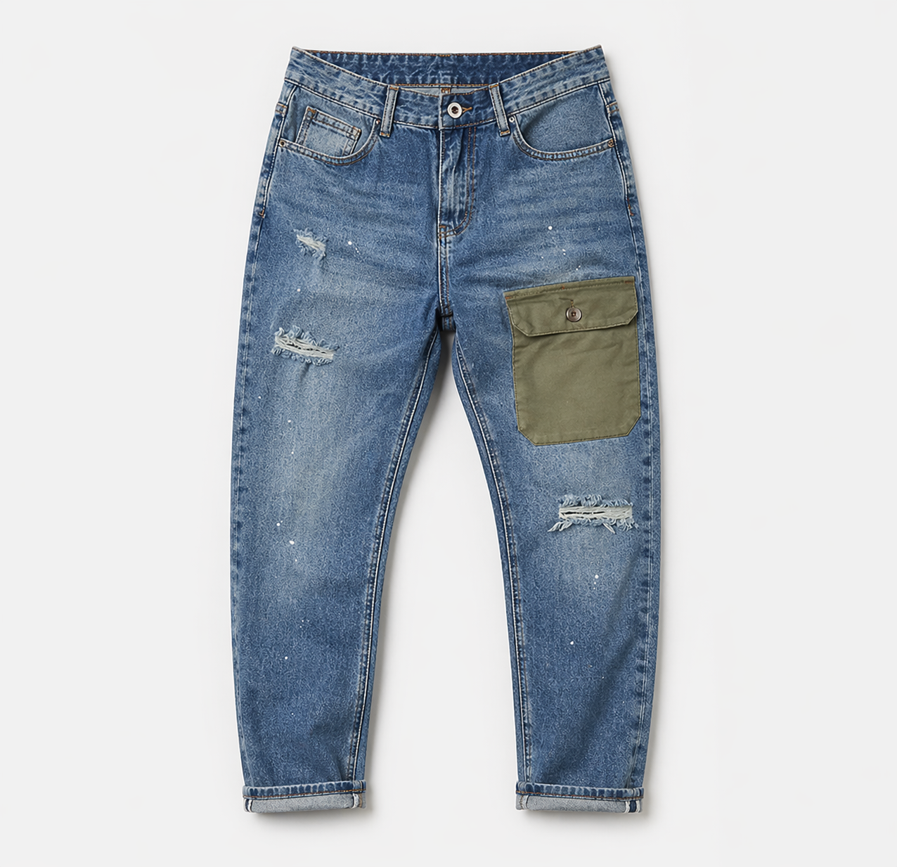 Distressed Patch Pocket Denim Jeans