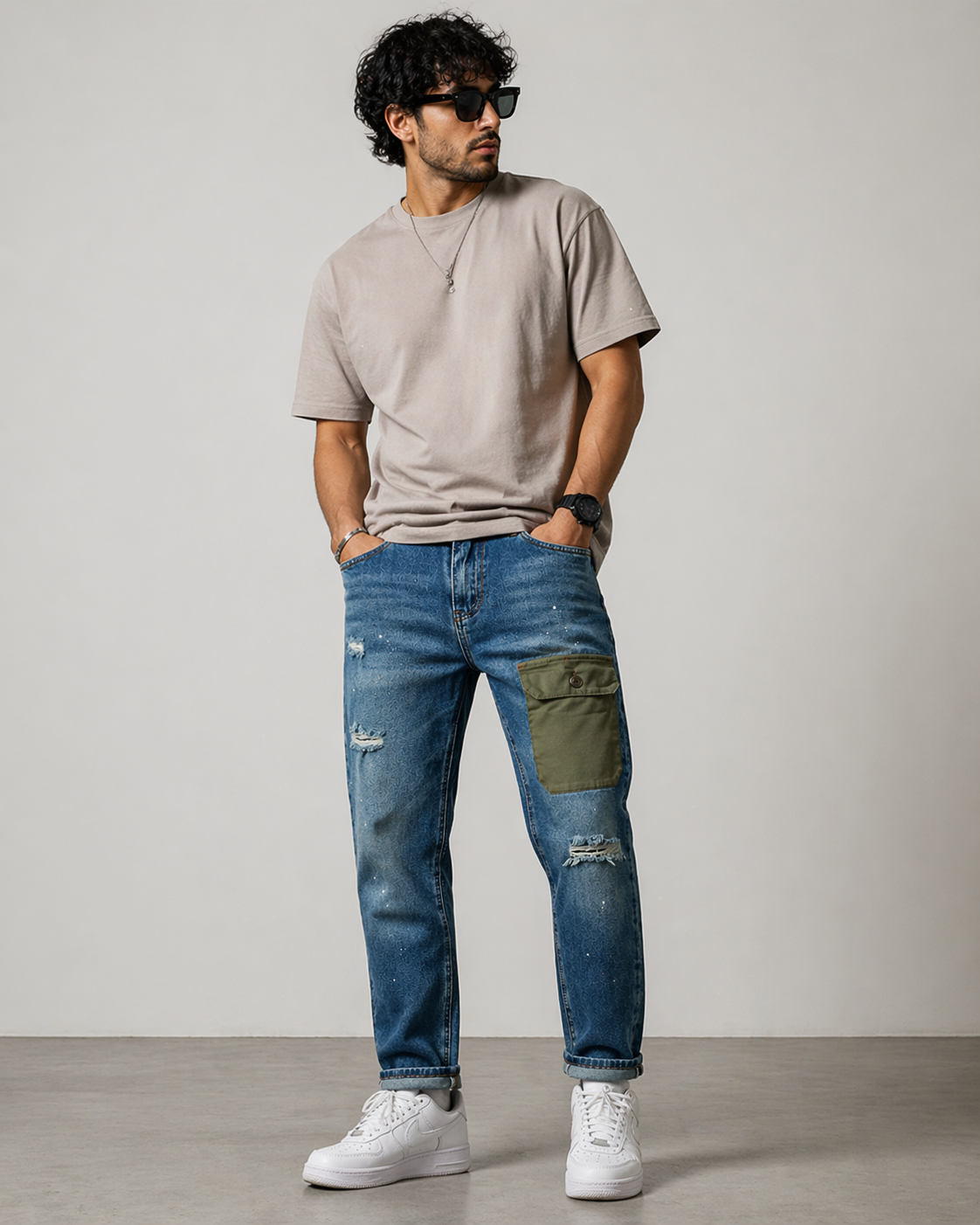 Distressed Patch Pocket Denim Jeans
