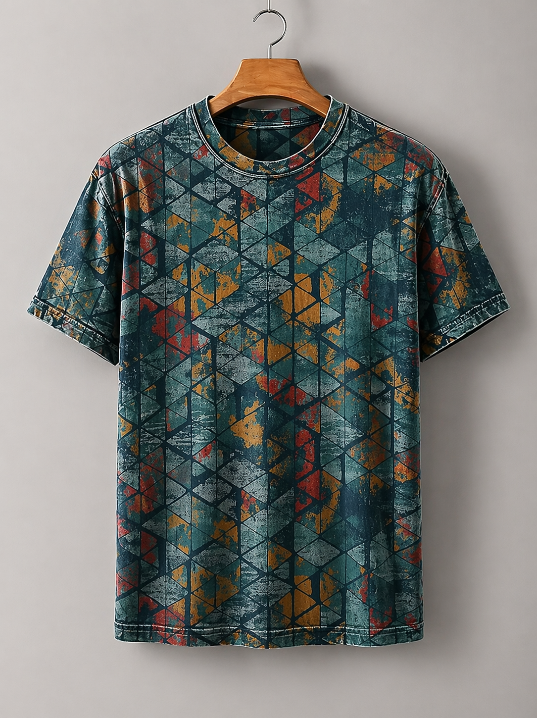 Vintage Geometric Abstract Print T-Shirt – Teal & Rust