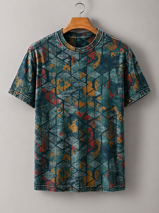 Vintage Geometric Abstract Print T-Shirt – Teal & Rust