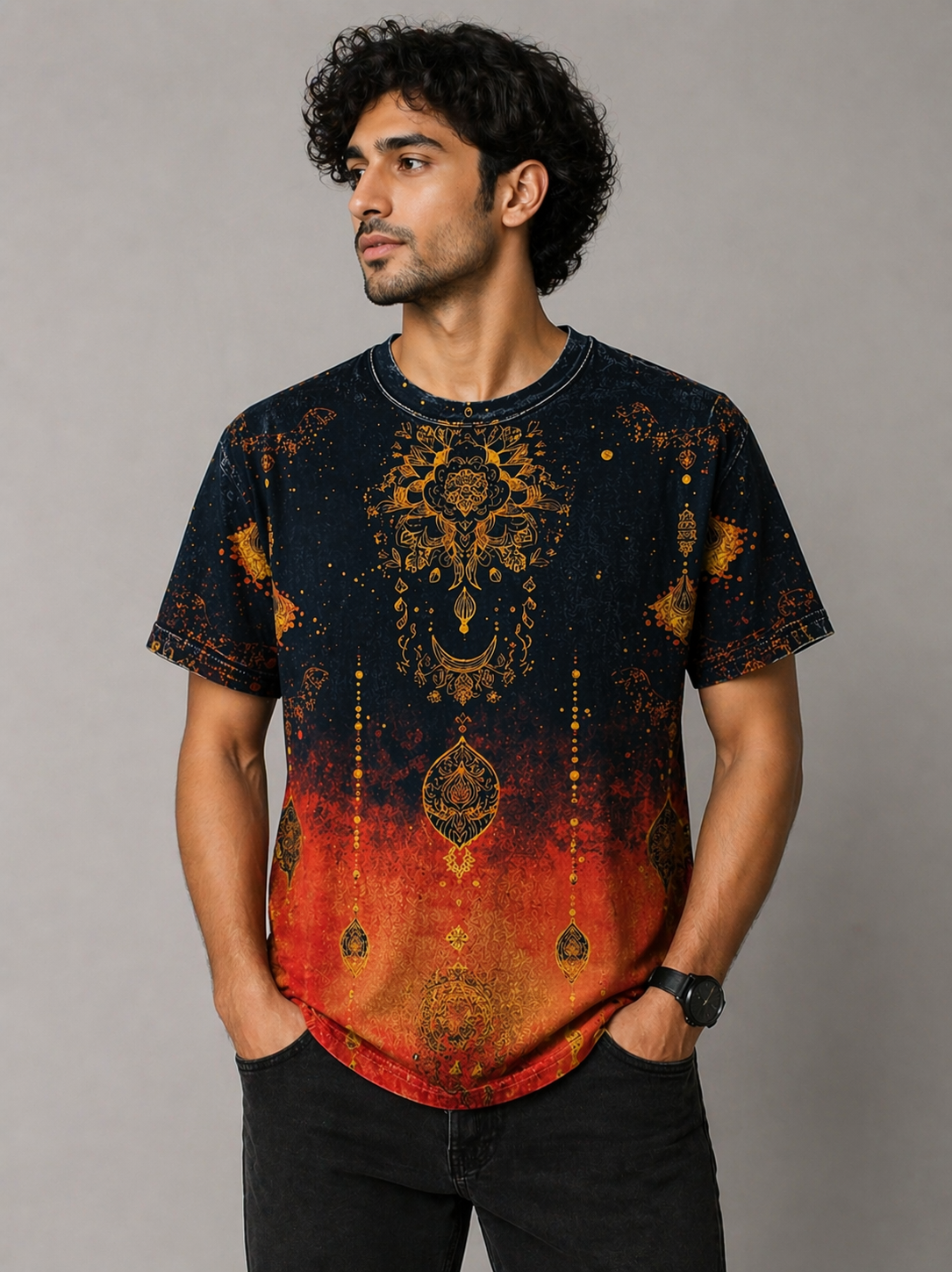 Mandala Gradient Graphic T-Shirt – Navy to Red Ombre