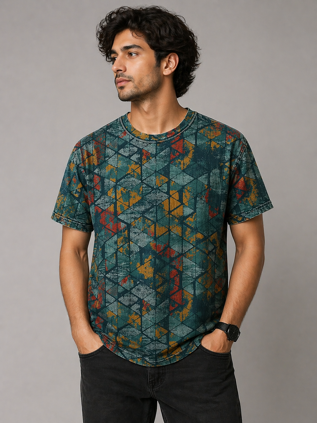 Vintage Geometric Abstract Print T-Shirt – Teal & Rust