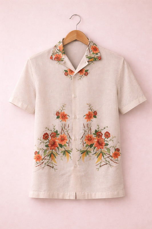 Beige Floral Embroidered Shirt