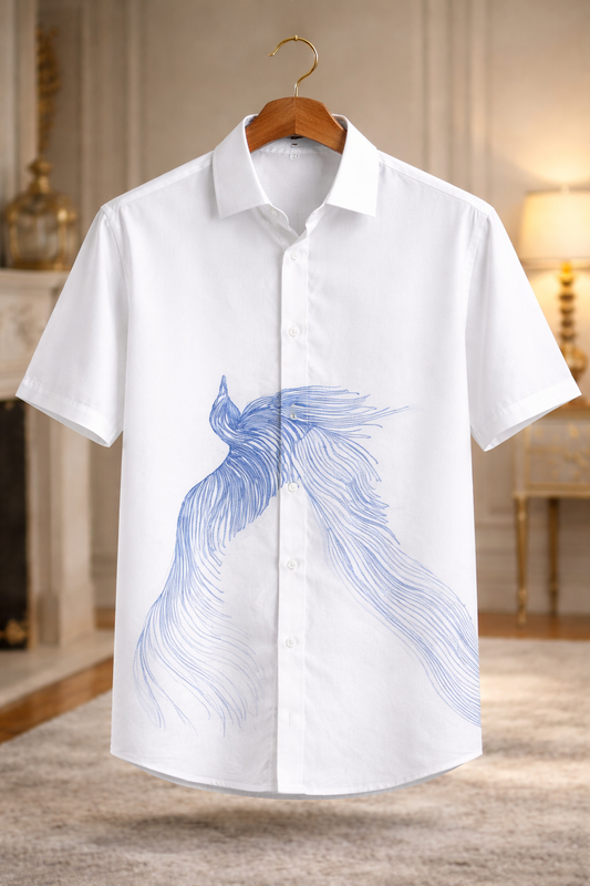 Minimal Blue Flow Line Art Designer White Shirt