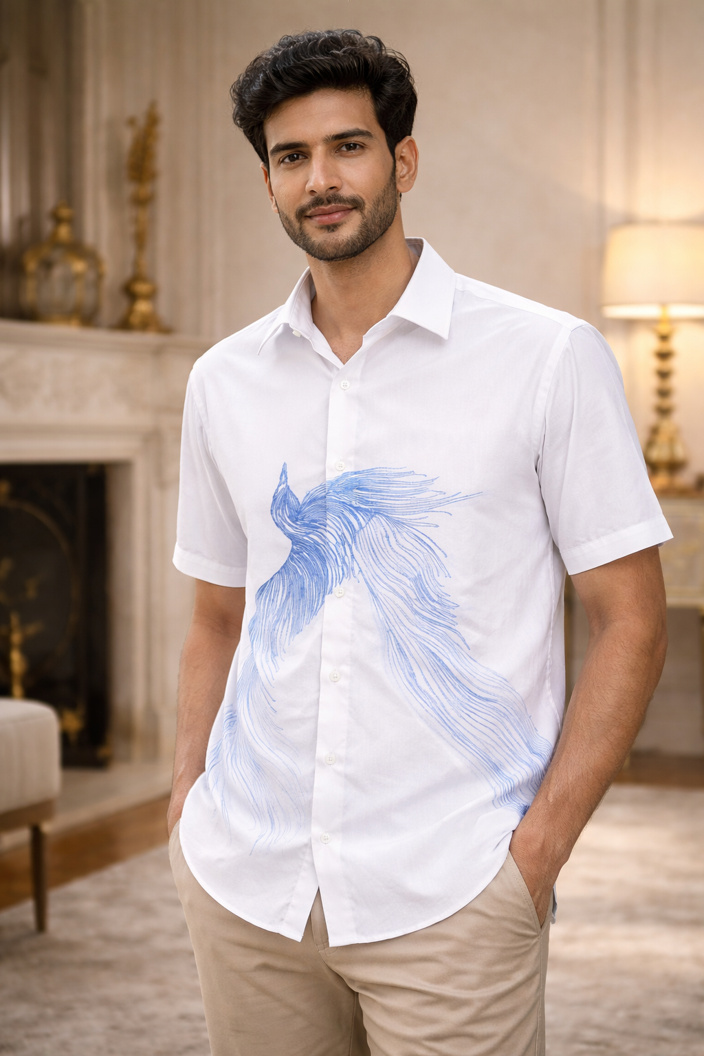 Minimal Blue Flow Line Art Designer White Shirt