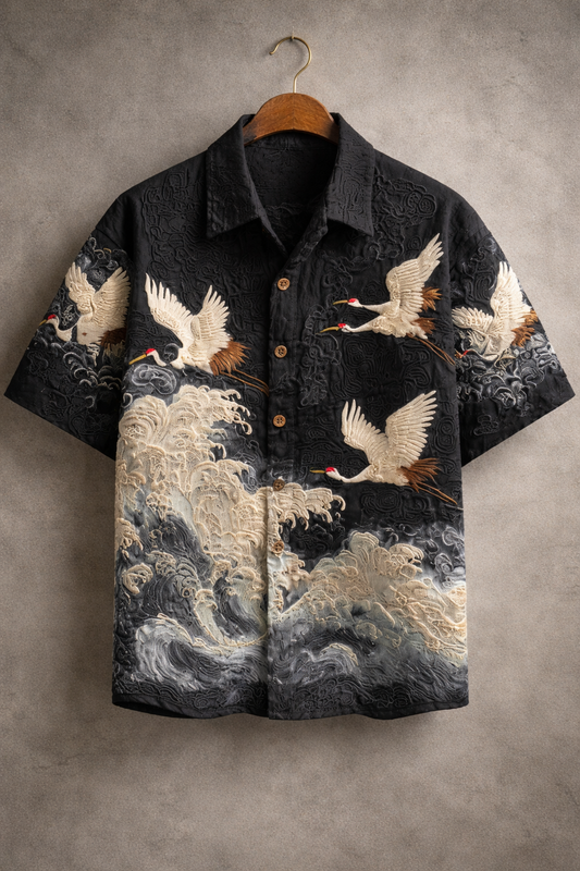 Japanese Crane Waves Embroidered Black Shirt