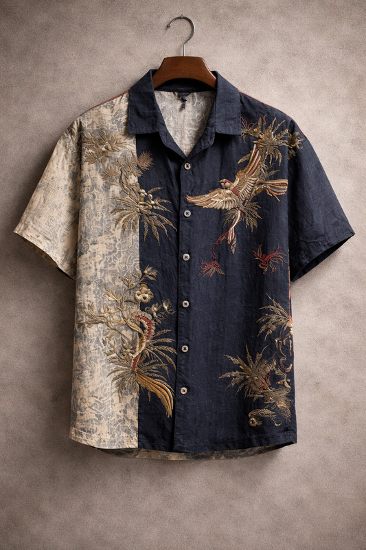 Vintage Crane Botanical Panel Designer Shirt