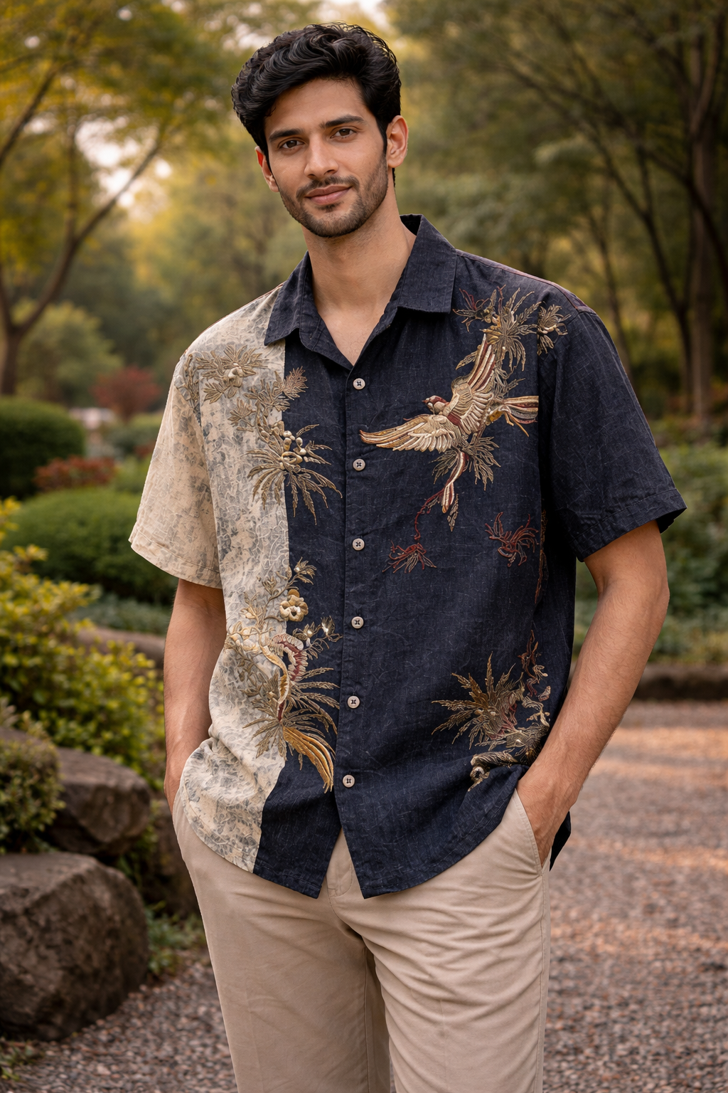 Vintage Crane Botanical Panel Designer Shirt