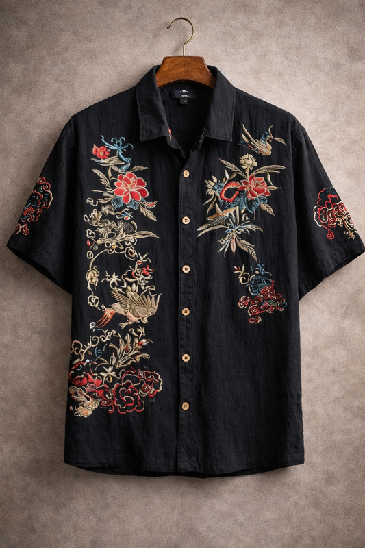 Oriental Floral Dragon Embroidered Black Shirt