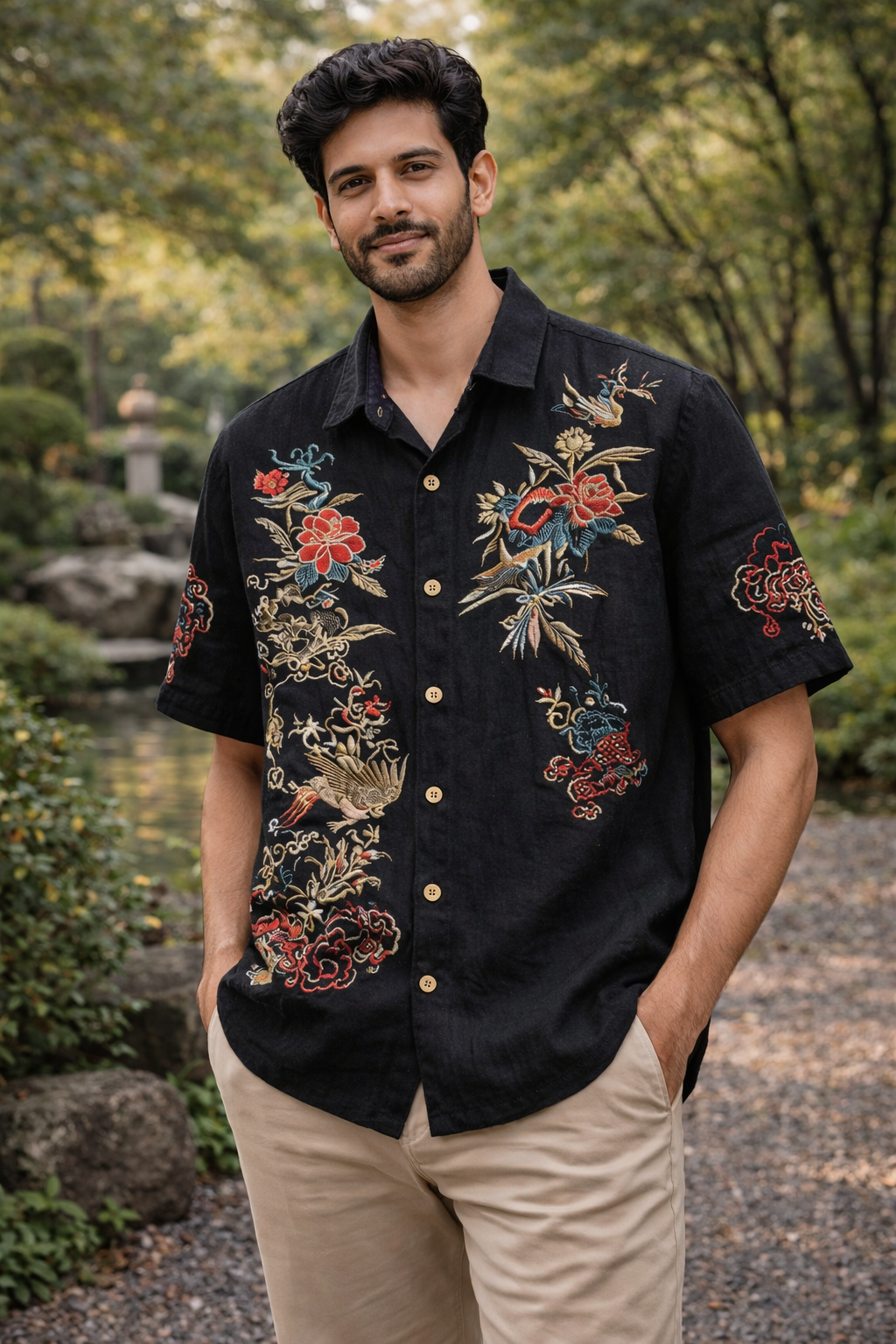 Oriental Floral Dragon Embroidered Black Shirt