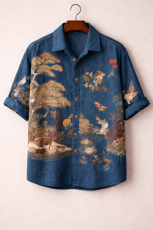 Vintage Nature Landscape Art Blue Denim Shirt