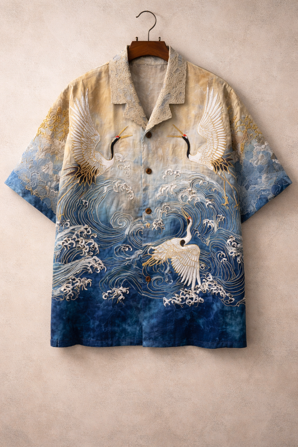 Japanese Crane Ocean Wave Artistic Blue Shirt