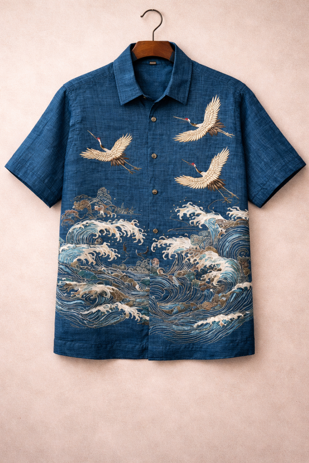 Great Ocean Waves Crane Print Blue Shirt