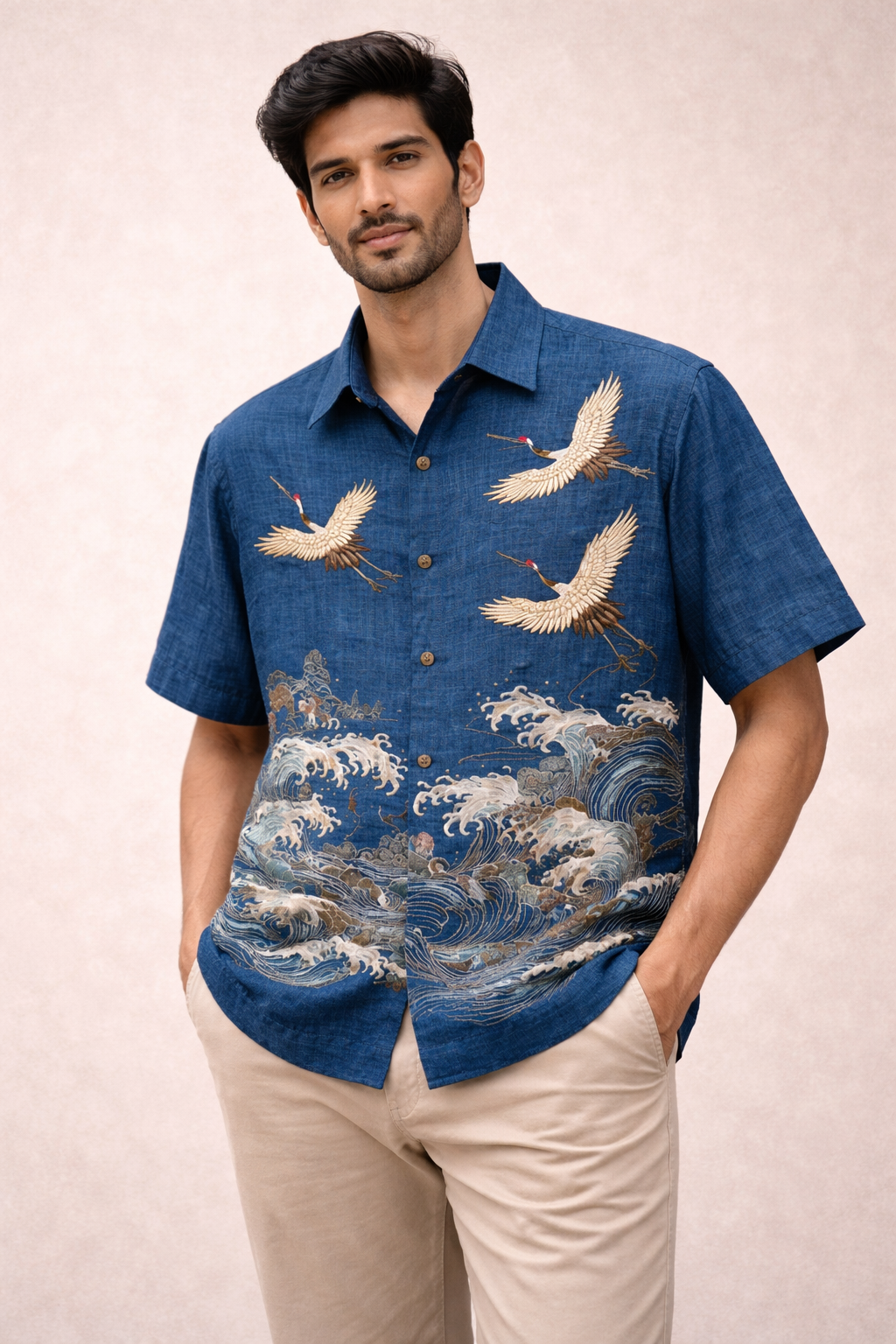 Great Ocean Waves Crane Print Blue Shirt