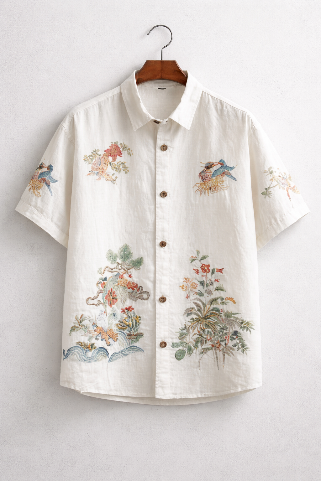 Minimal Nature Bird Embroidery White Shirt