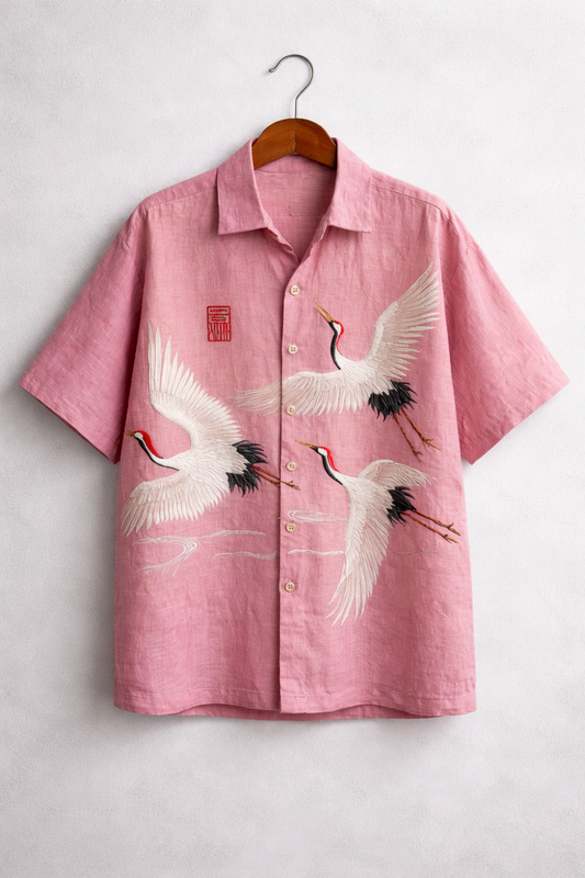Pink Flying Crane Japanese Art Shirt