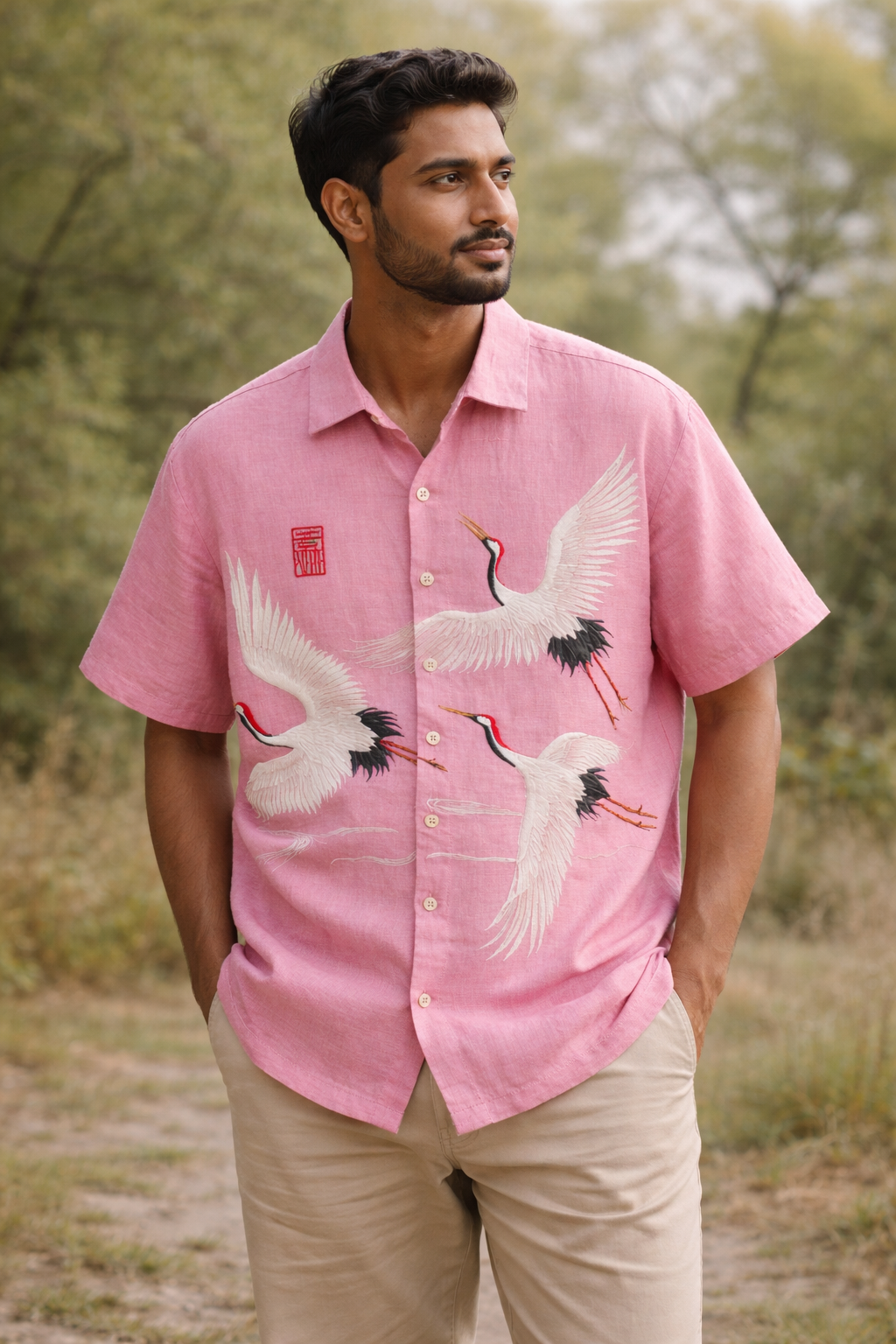 Pink Flying Crane Japanese Art Shirt