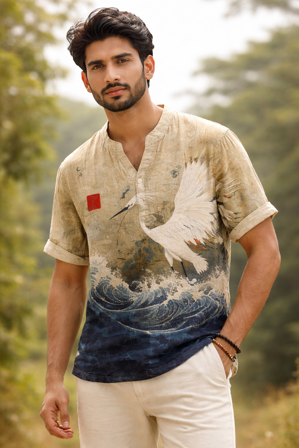 Ocean Wave Crane Japanese Art kurta Shirt