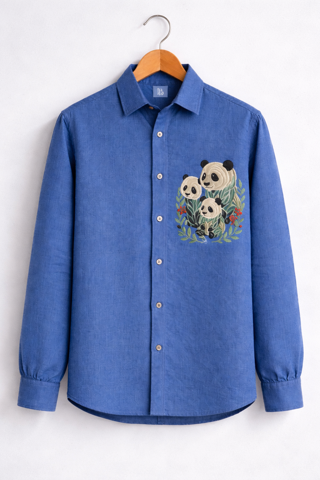 Panda Family Embroidered Blue Shirt