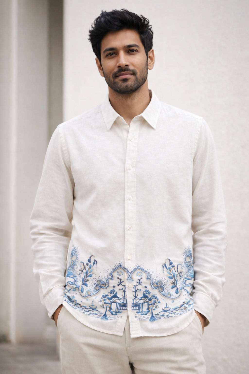 Blue Porcelain Art Linen Shirt